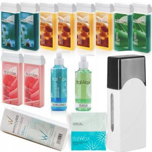 Zestaw do depilacji podgrzewacz 10x ItalWax wosk rolka 2x żel 2x talk paski 100 sztuk