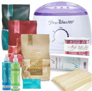 Zestaw do depilacji woskiem w dropsach i puszce ProWax 100 + 2 x wosk + 2 x żel + szpatułki + paski + talk