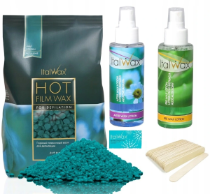 Zestaw do depilacji ItalWax wosk twardy 500g Azulen azulenowy + płyny + szpatułki + talk