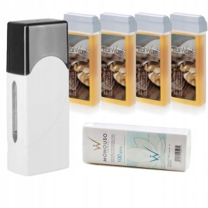 Zestaw do depilacji podgrzewacz 4x ItalWax wosk rolka Naturalny paski 100 sztuk