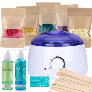 Zestaw do depilacji woskiem w dropsach - 5 x wosk ItalWax + podgrzewacz + preparaty + akcesoria