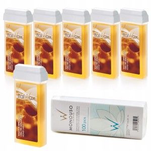Zestaw ItalWax 6 x wosk do depilacji w rolce Honey 100ml + 100 sztuk pasków do depilacji