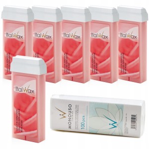 Zestaw ItalWax 6 x wosk do depilacji w rolce Rose 100ml + 100 sztuk pasków do depilacji