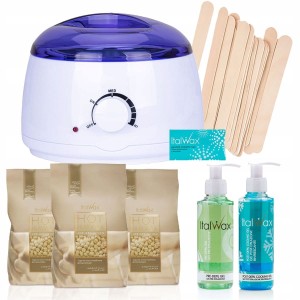 Zestaw do depilacji woskiem twardym Italwax White Chocolate 300g + podgrzewacz + 2 x żel + szpatułki + talk