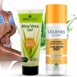 Zestaw do opalania – Celenes by Sweden Sunscreen Spray Lotion All Skin Types SPF 50 + Fresh Secrets Aloe Vera Gel
