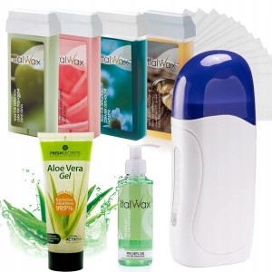 ItalWax Zestaw do depilacji paskowej - podgrzewacz biało-niebieski + 4x wosk w rolce 100ml + preparat przed depilacją + żel aloesowy 230ml + paski