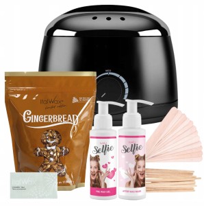 ItalWax Zestaw do depilacji - podgrzewacz Black 100W + wosk do depilacji twardy Ginger Bread 500g + preparat Selfie przed i po depilacji + szpatułki + talk