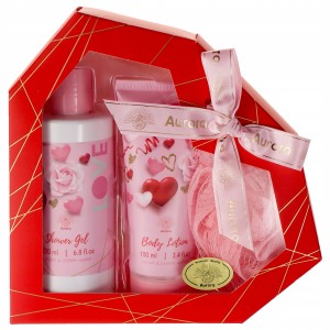 Aurora Zestaw prezentowy na walentynki Love Time kosmetyki do pielęgnacji Żel pod prysznic Balsam i Gąbka do kąpieli
