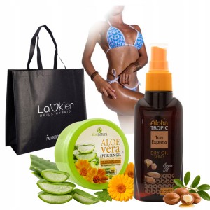 Zestaw do opalania Przyspieszacz Tan Express olejek arganowy 100ml i Kojący Żel Aloes Nagietek 200ml z torbą