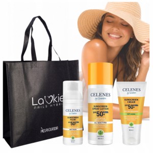 Zestaw ochronny do opalania Celenes Krem Fluid Spray SPF50 przeciwstarzeniowy z torbą