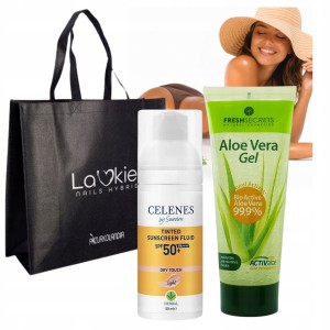 Zestaw do opalania – Celenes by Sweden Tinted Sunscreen Fluid SPF 50 + Fresh Secrets Aloe Vera Gel + Torba Plażowa