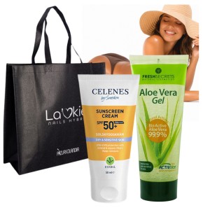 Zestaw do opalania – Celenes by Sweden Sunscreen Cream SPF 50 + Fresh Secrets Aloe Vera Gel + Torba Plażowa