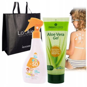 Zestaw do opalania z Grecji - Sea 'n' Sand Kids SPF 50 + Fresh Secrets Aloe Vera Gel + Torba Plażowa