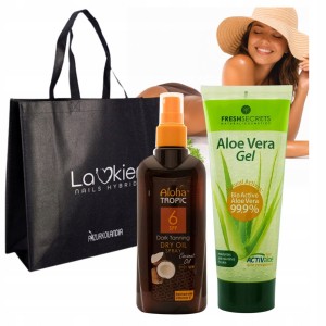 Zestaw do opalania z Grecji - Aloha Tropic Dry Oil SPF 6 Coconut Oil + Fresh Secrets Aloe Vera Gel + Torba Plażowa